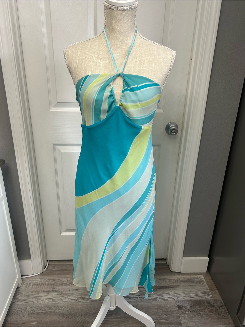 Express Women's Blue y2K styled Striped Halter Neck Midi Dress Sz 8